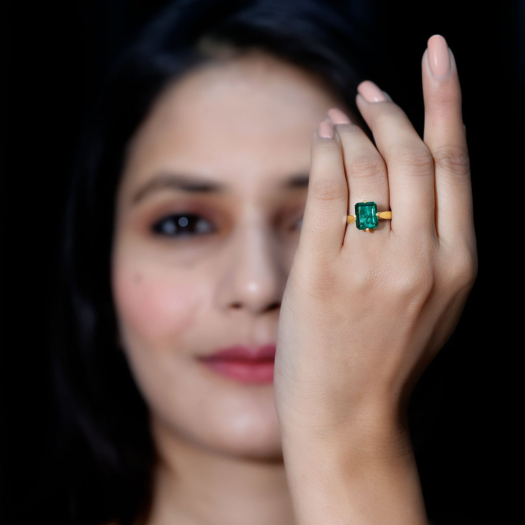 Lab Grown Emerald Ring - 3 Carat Octagon Cut Solitaire Engagement Band With 4 Prong Setting