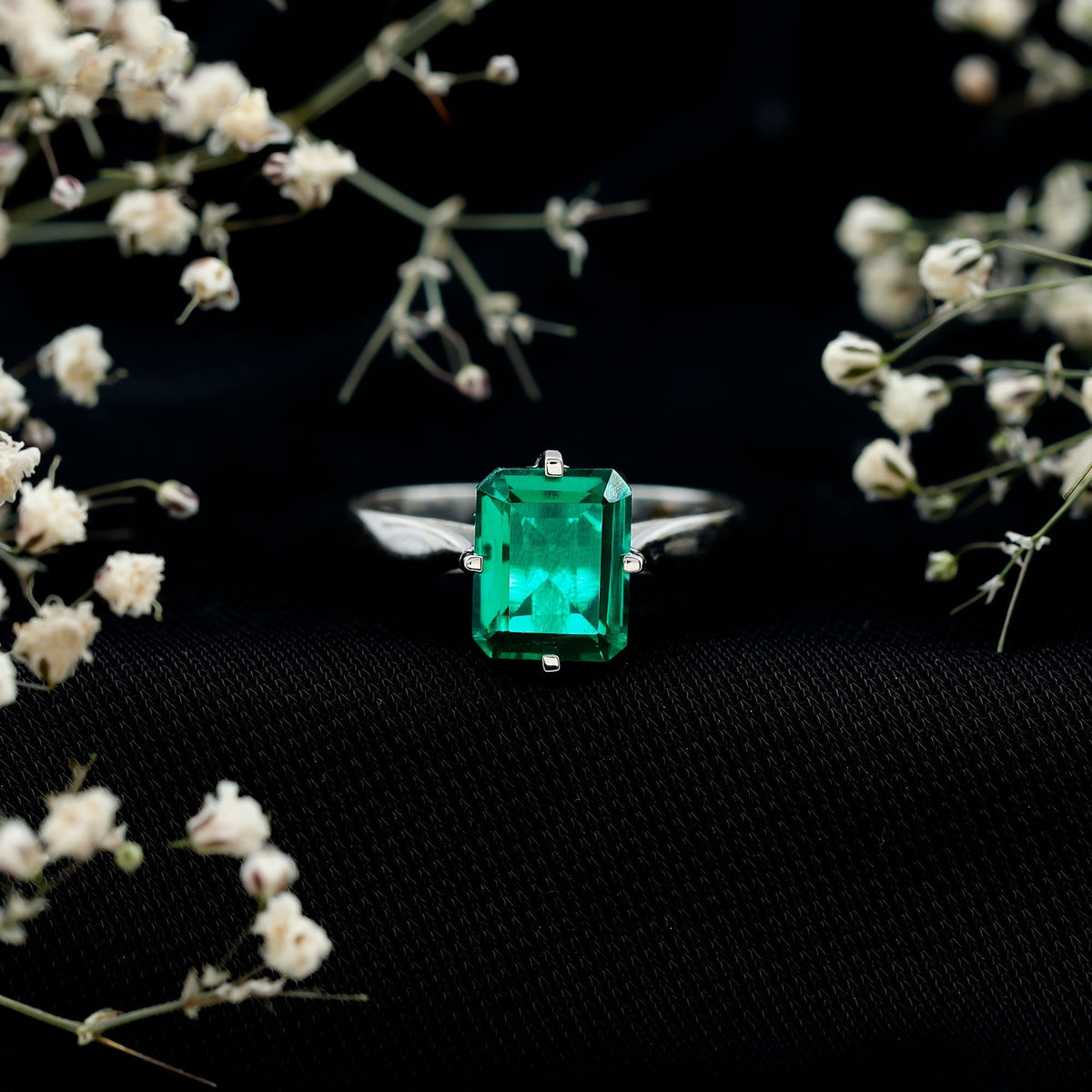 Lab Grown Emerald Ring - 3 Carat Octagon Cut Solitaire Engagement Band With 4 Prong Setting