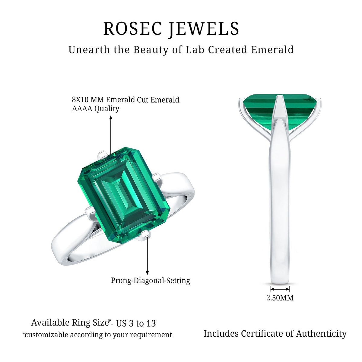 Lab Grown Emerald Ring - 3 Carat Octagon Cut Solitaire Engagement Band With 4 Prong Setting