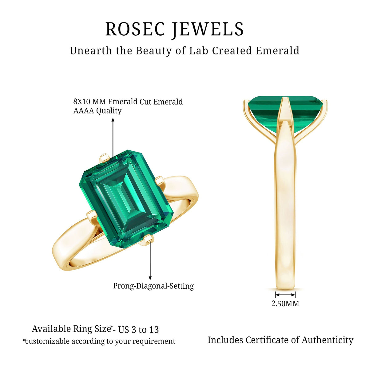 Lab Grown Emerald Ring - 3 Carat Octagon Cut Solitaire Engagement Band With 4 Prong Setting