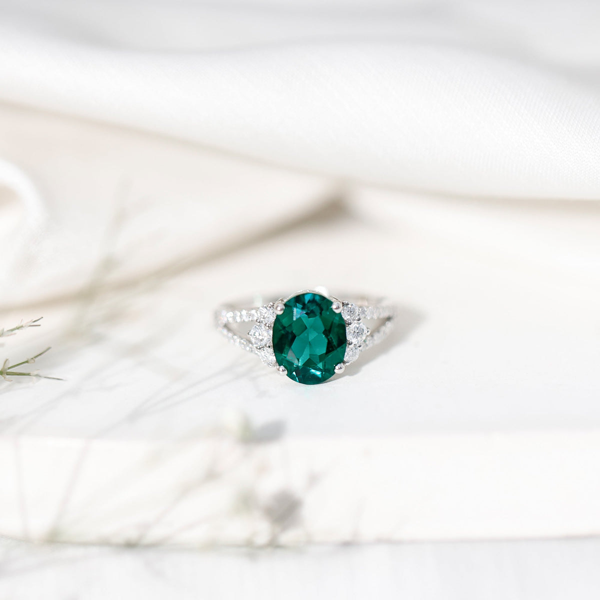 Lab Grown Emerald Ring - 3 Carat Oval AAA Quality Emerald With Split Shank Design