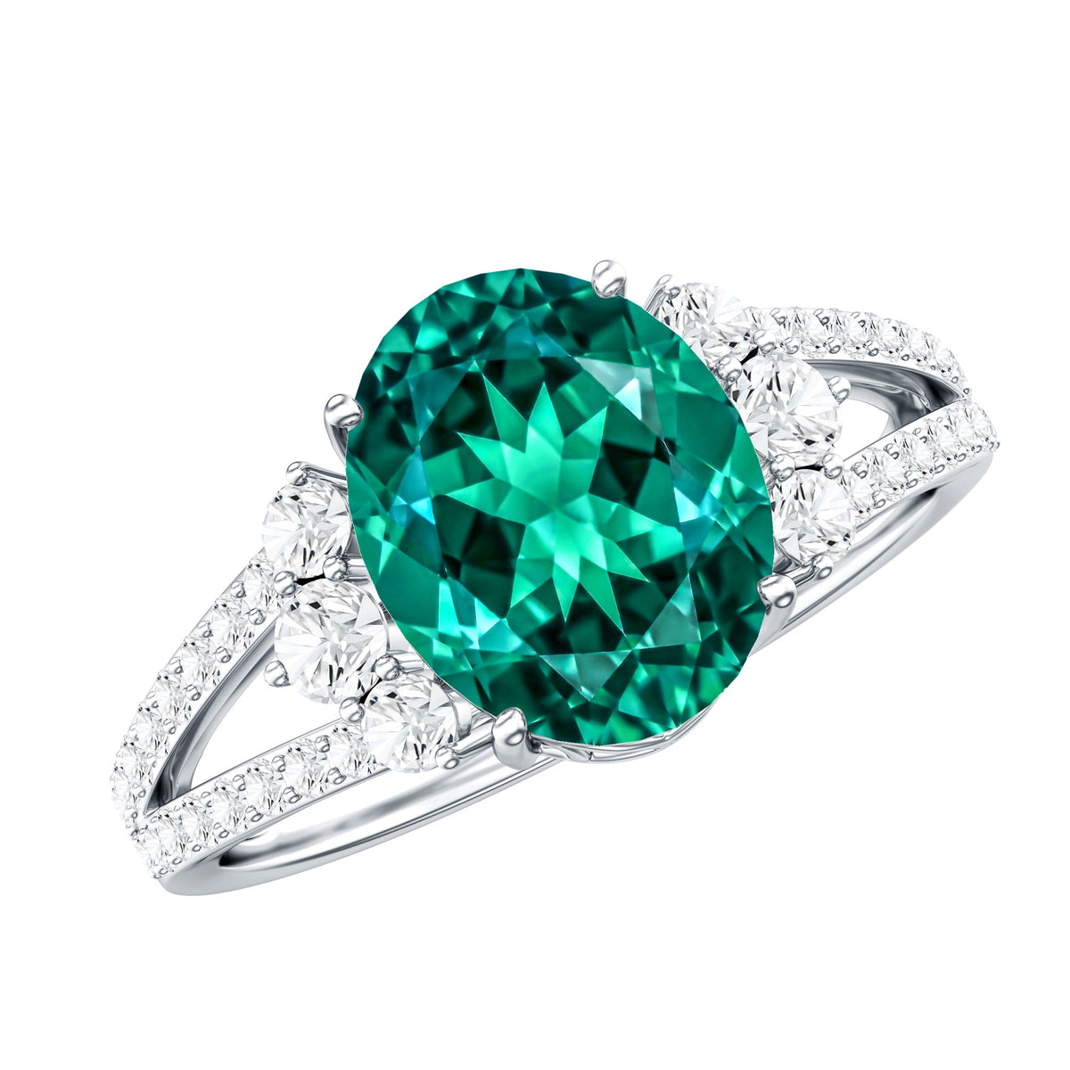 Lab Grown Emerald Ring - 3 Carat Oval AAA Quality Emerald With Split Shank Design