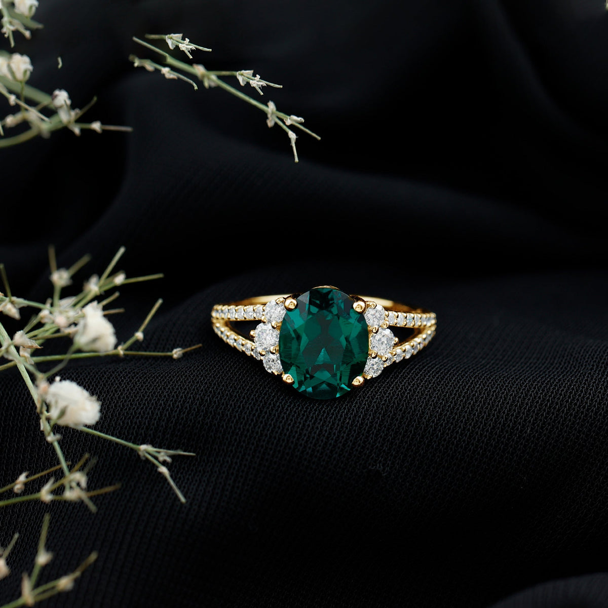 Lab Grown Emerald Ring - 3 Carat Oval AAA Quality Emerald With Split Shank Design