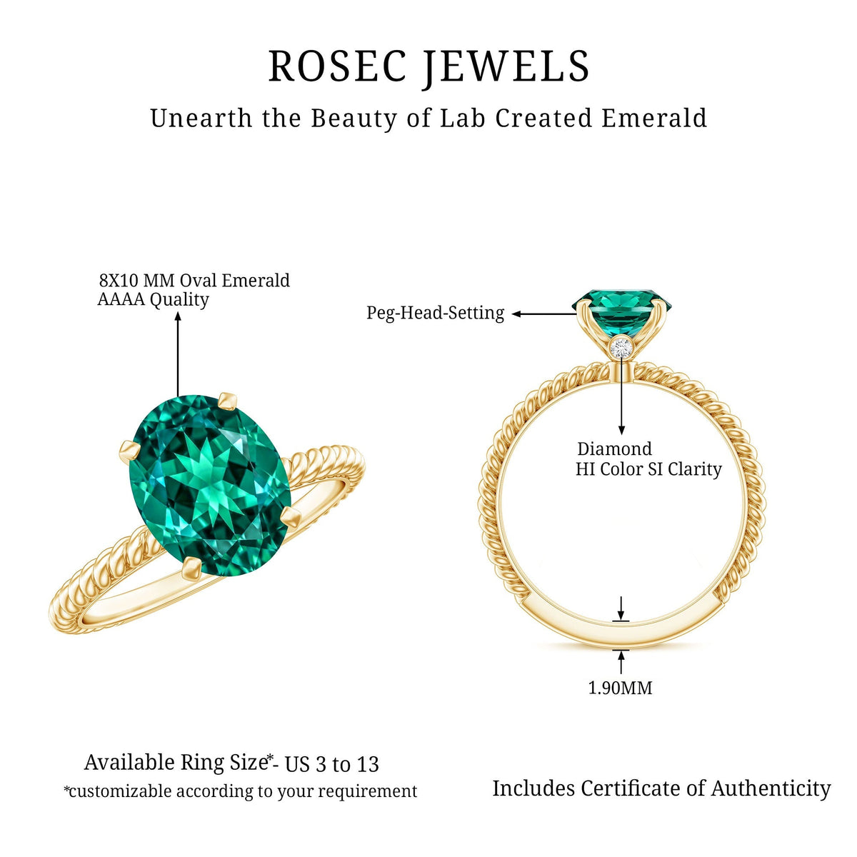 Lab Grown Emerald Ring - 3 Carat Oval Solitaire With Twisted Rope Band