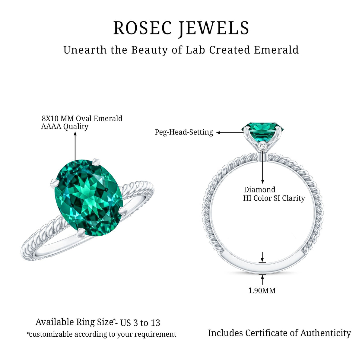 Lab Grown Emerald Ring - 3 Carat Oval Solitaire With Twisted Rope Band