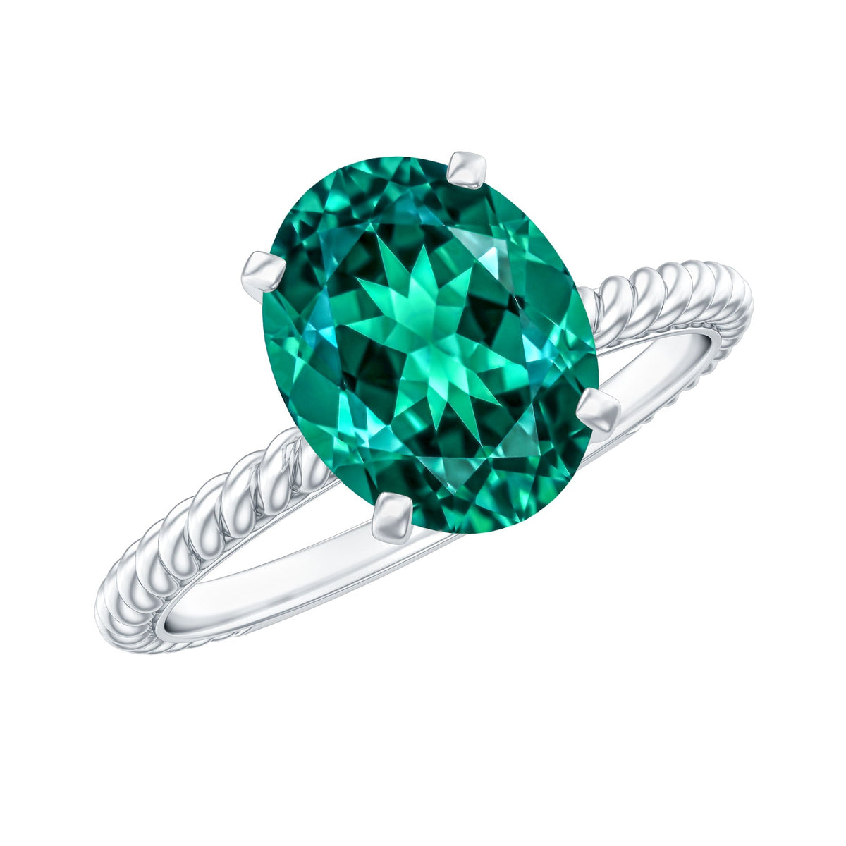 Lab Grown Emerald Ring - 3 Carat Oval Solitaire With Twisted Rope Band