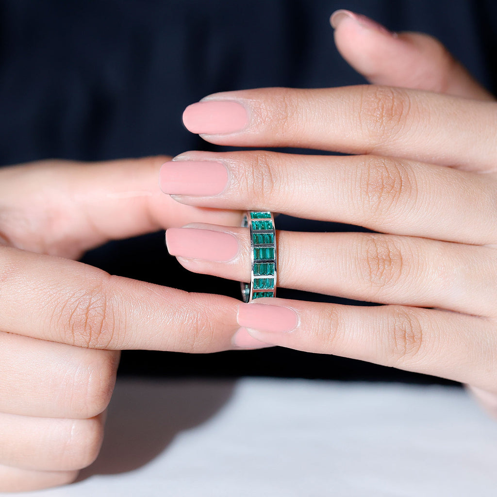 Lab Grown Emerald Ring – 3 Row Eternity Band With Baguette Cut Emeralds
