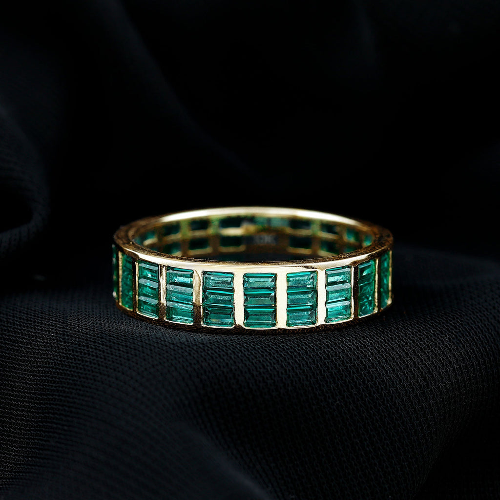 Lab Grown Emerald Ring – 3 Row Eternity Band With Baguette Cut Emeralds