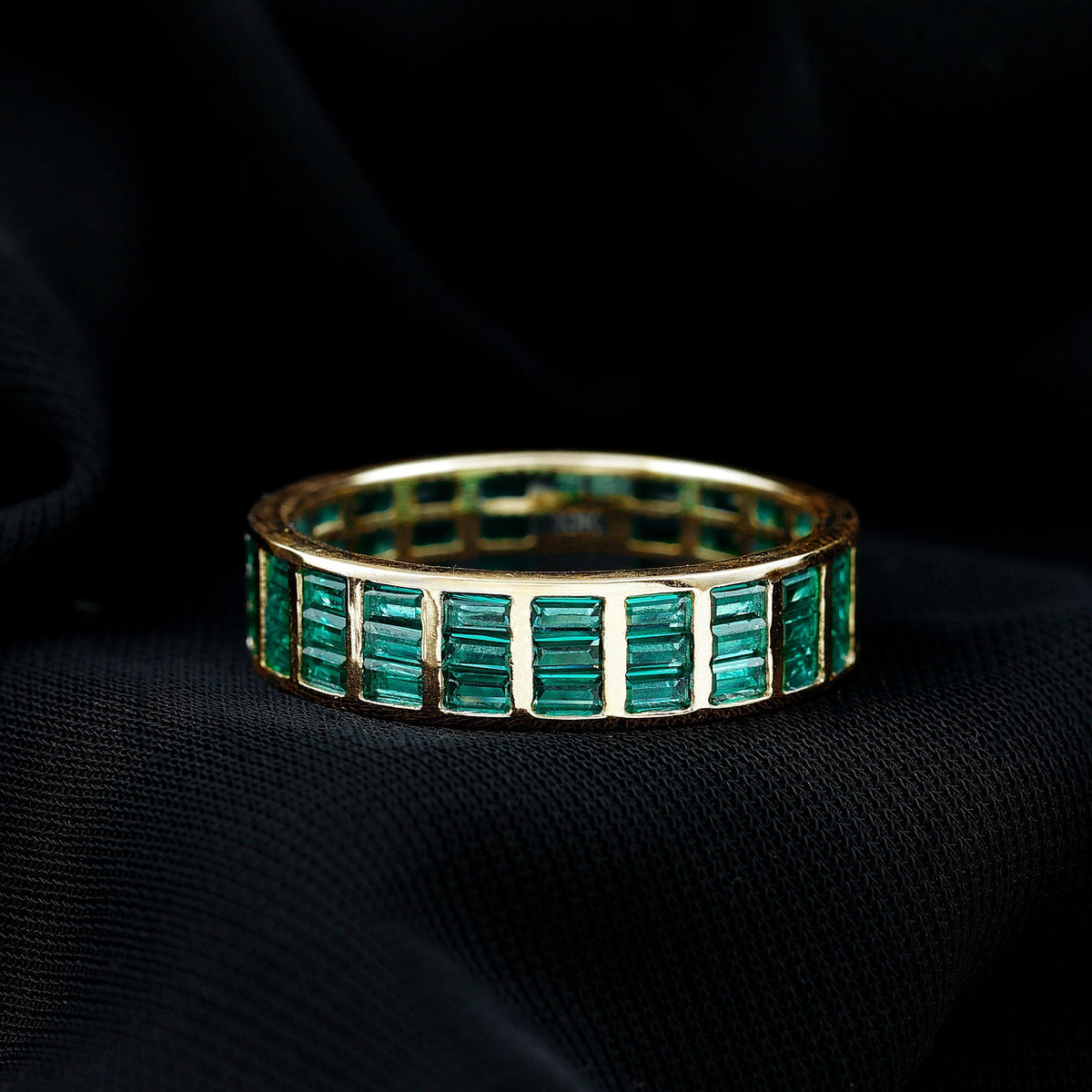 Lab Grown Emerald Ring – 3 Row Eternity Band With Baguette Cut Emeralds