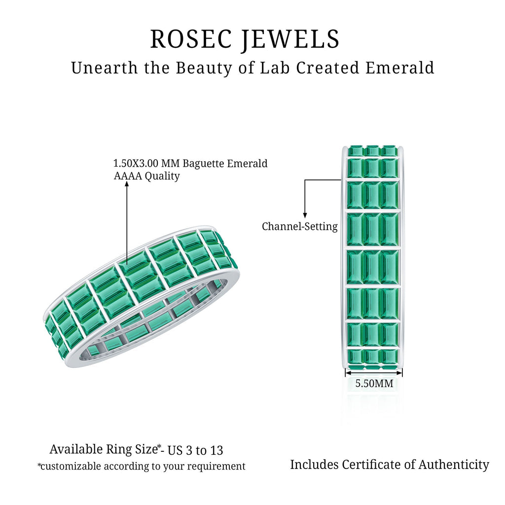 Lab Grown Emerald Ring – 3 Row Eternity Band With Baguette Cut Emeralds