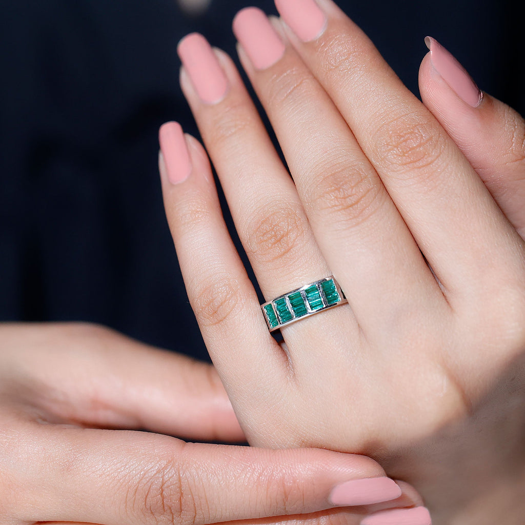 Lab Grown Emerald Ring – 3 Row Eternity Band With Baguette Cut Emeralds