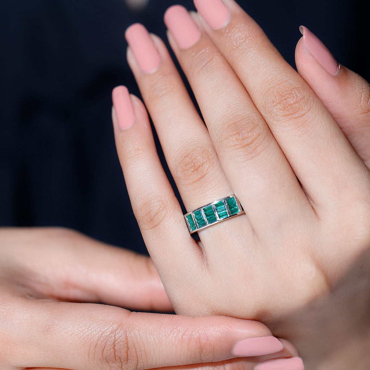 Lab Grown Emerald Ring – 3 Row Eternity Band With Baguette Cut Emeralds