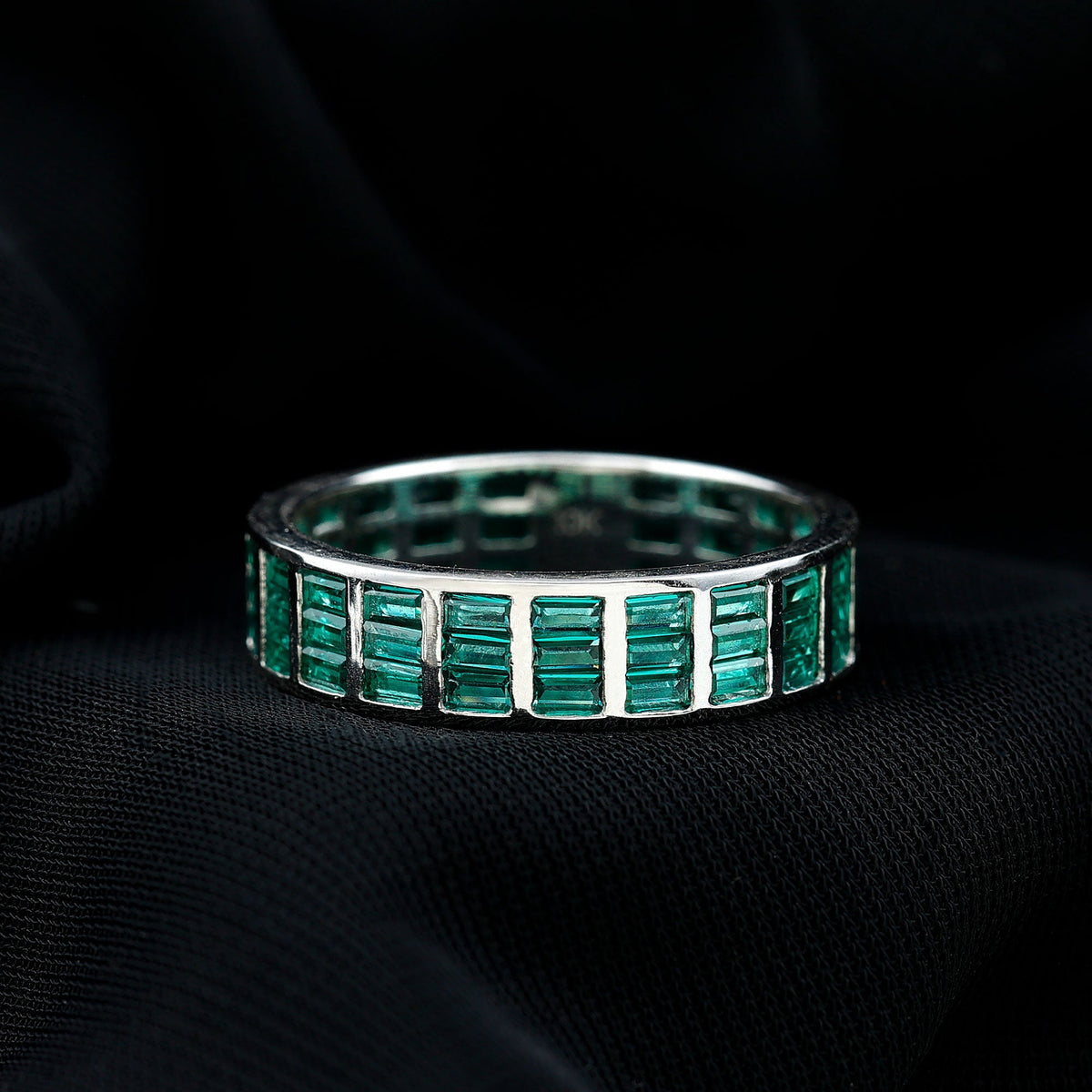 Lab Grown Emerald Ring – 3 Row Eternity Band With Baguette Cut Emeralds