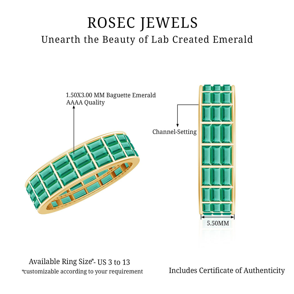 Lab Grown Emerald Ring – 3 Row Eternity Band With Baguette Cut Emeralds
