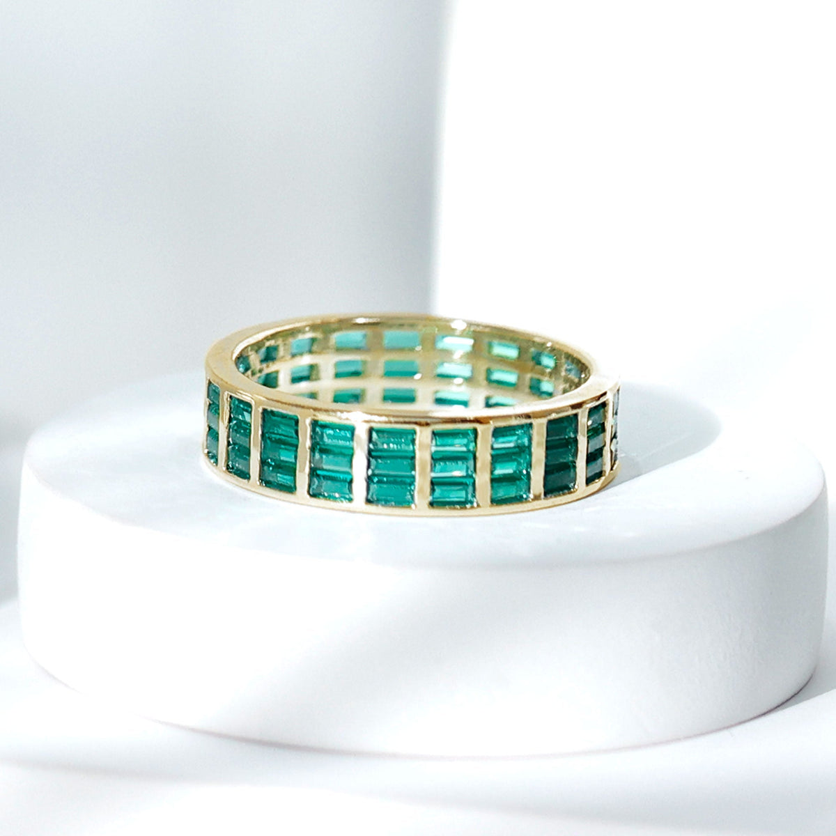 Lab Grown Emerald Ring – 3 Row Eternity Band With Baguette Cut Emeralds