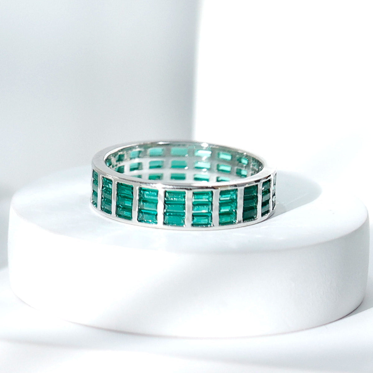 Lab Grown Emerald Ring – 3 Row Eternity Band With Baguette Cut Emeralds