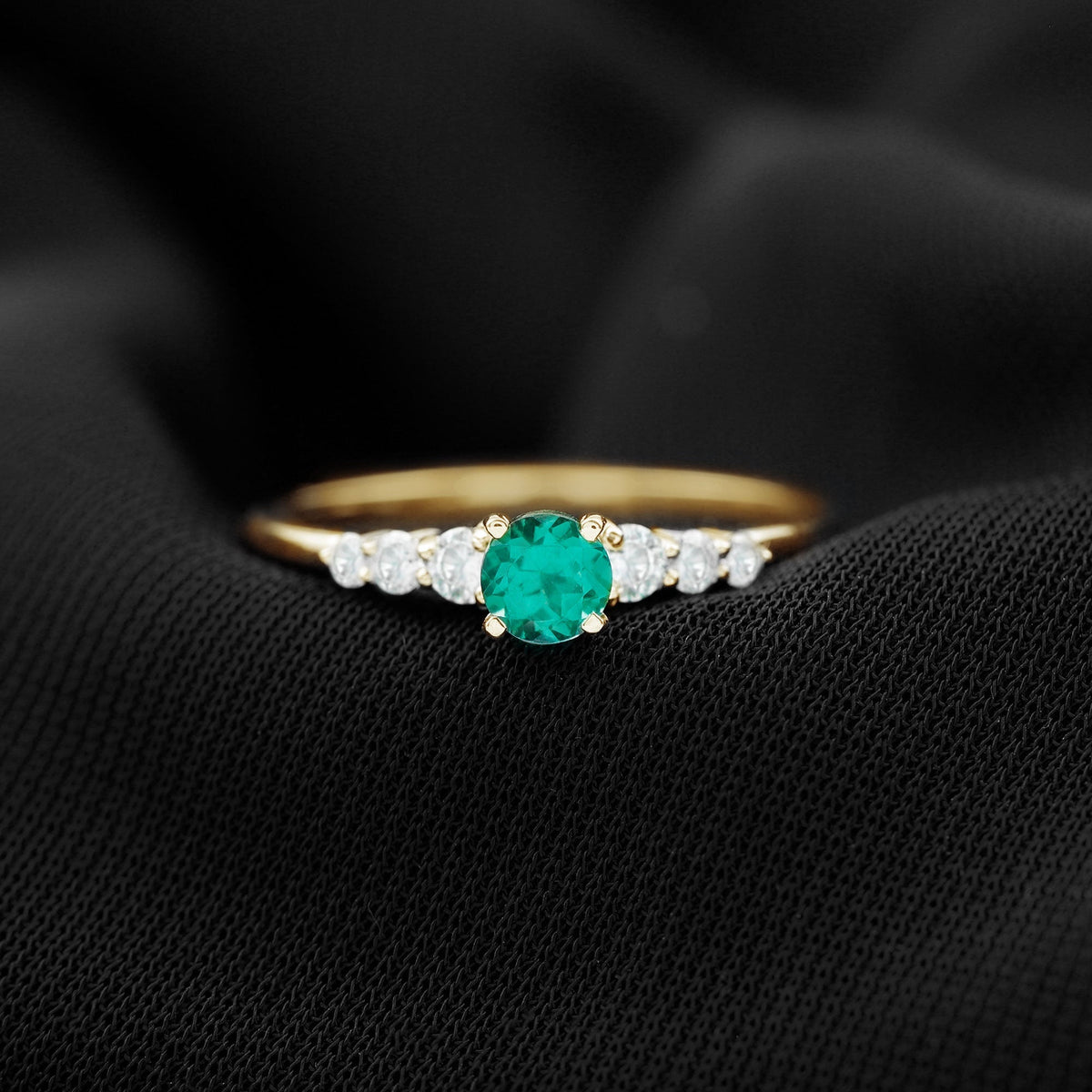 Lab Grown Emerald Ring – 4mm Round Emerald Promise Ring with Diamond Accent