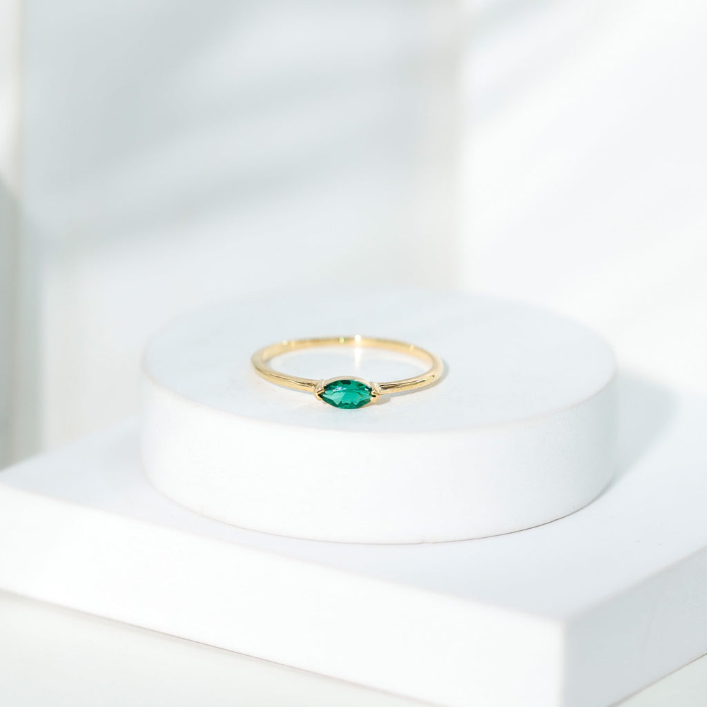 Lab Grown Emerald Ring – 4x8 MM Marquise East West Style Rose Gold Band