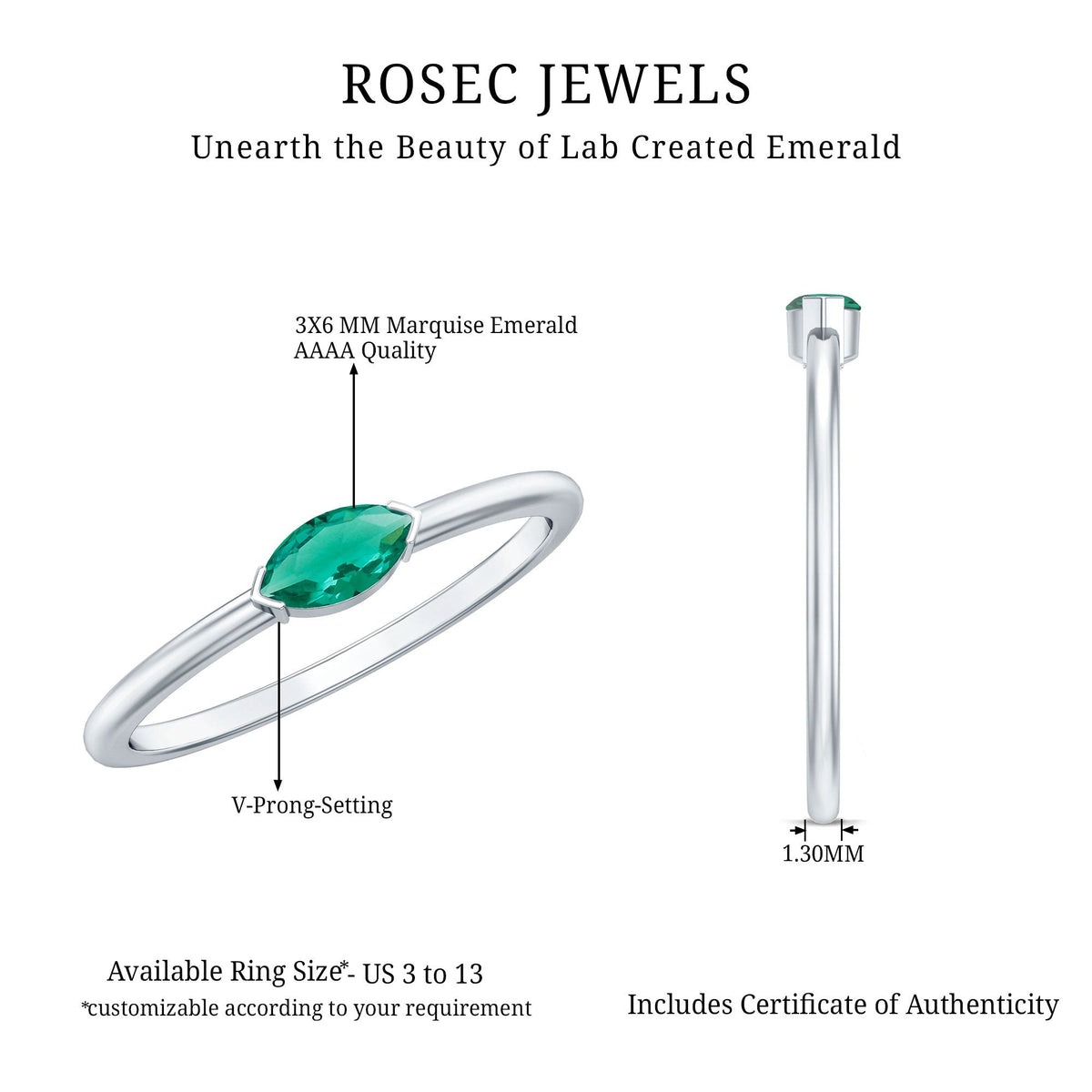 Lab Grown Emerald Ring – 4x8 MM Marquise East West Style Rose Gold Band