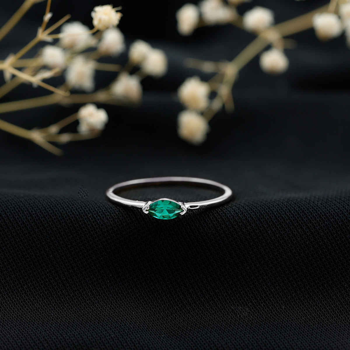 Lab Grown Emerald Ring – 4x8 MM Marquise East West Style Rose Gold Band