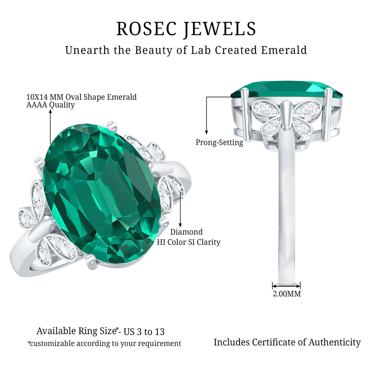 Lab Grown Emerald Ring - 6 Carat Oval Emerald Diamond Accent Statement Ring