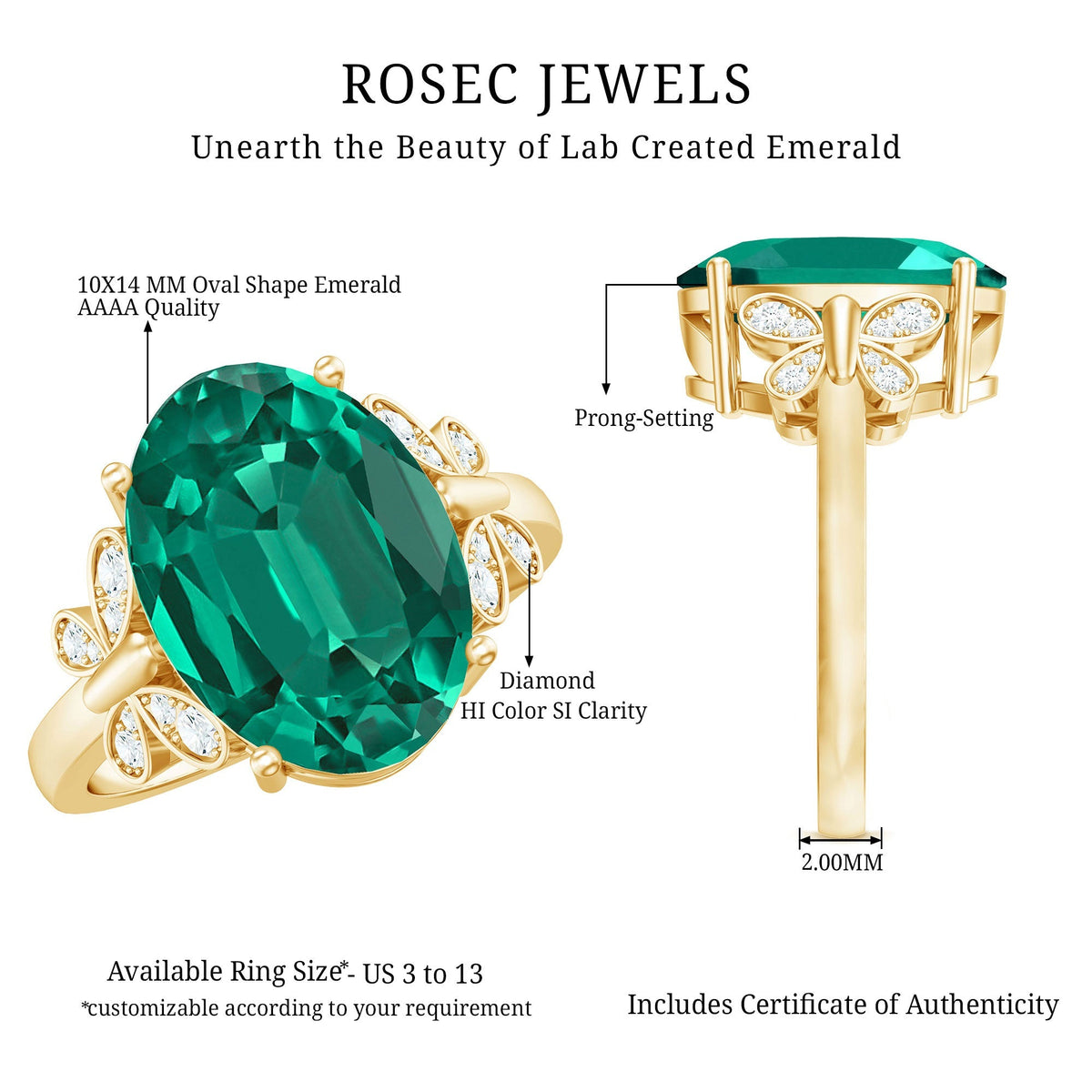 Lab Grown Emerald Ring - 6 Carat Oval Emerald Diamond Accent Statement Ring