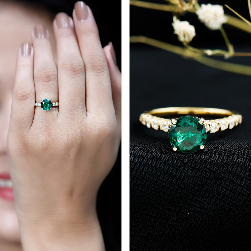 Lab Grown Emerald Ring – 7MM Round Solitaire Style with Graduated Diamond Band