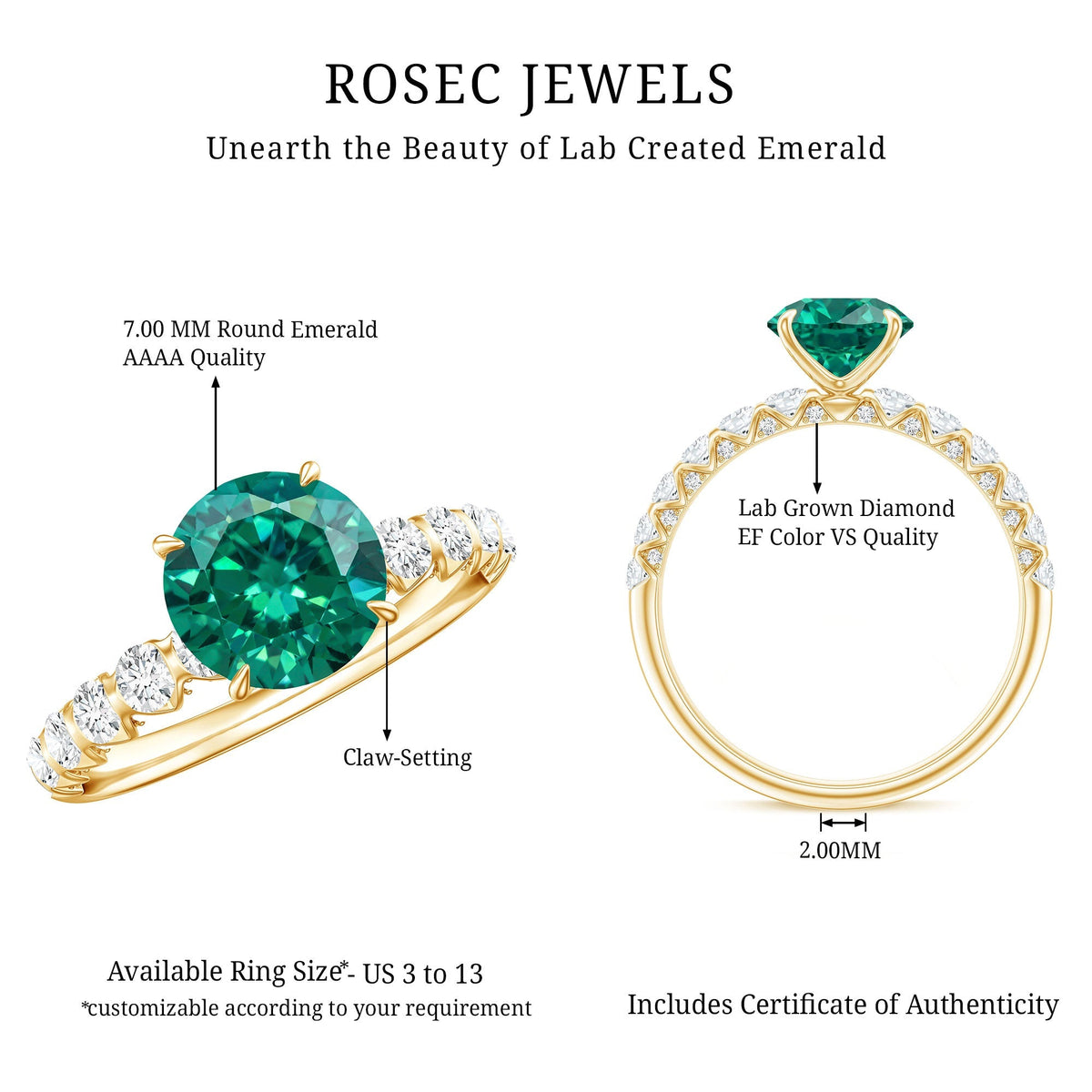 Lab Grown Emerald Ring – 7MM Round Solitaire Style with Graduated Diamond Band