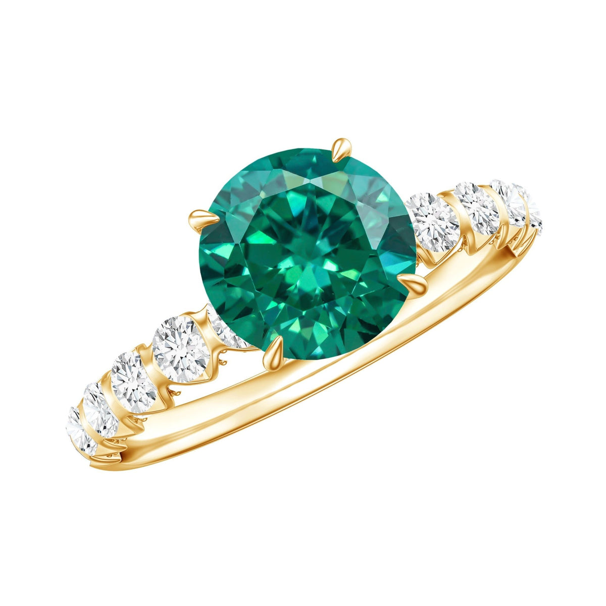 Lab Grown Emerald Ring – 7MM Round Solitaire Style with Graduated Diamond Band