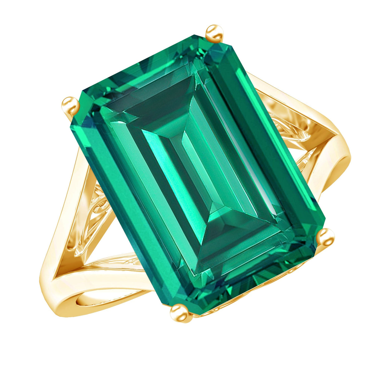 Lab Grown Emerald Ring – 8 Carat Emerald Cut Solitaire Engagement Ring in Yellow Gold Plated Silver