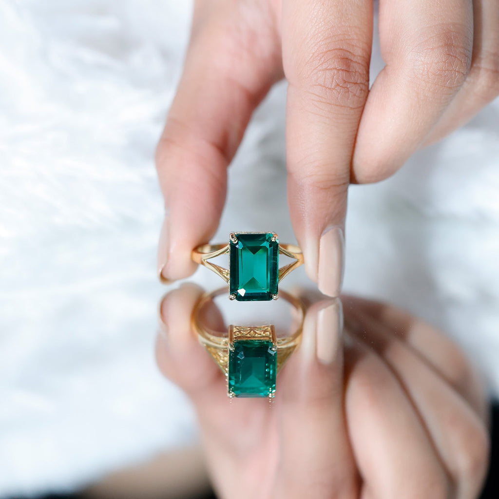 Lab Grown Emerald Ring – 8 Carat Emerald Cut Solitaire Engagement Ring in Yellow Gold Plated Silver