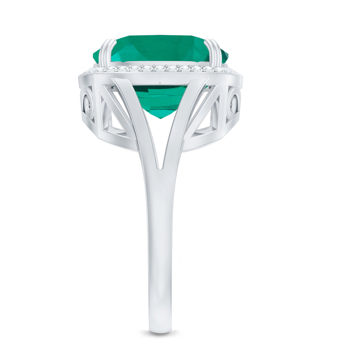 Lab Grown Emerald Ring – 9 Carat Cushion Cut Emerald with Diamond Halo Setting
