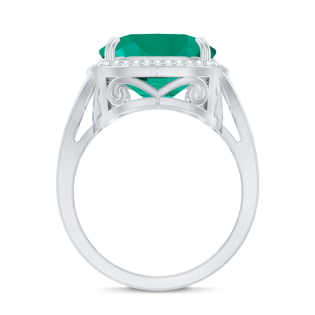 Lab Grown Emerald Ring – 9 Carat Cushion Cut Emerald with Diamond Halo Setting