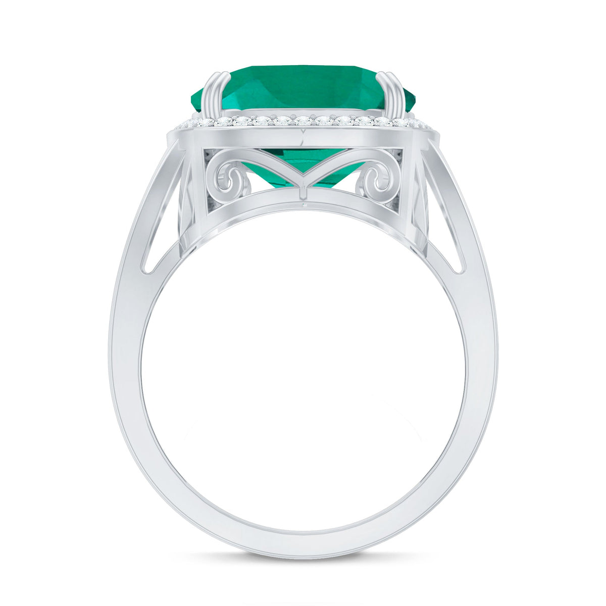 Lab Grown Emerald Ring – 9 Carat Cushion Cut Emerald with Diamond Halo Setting
