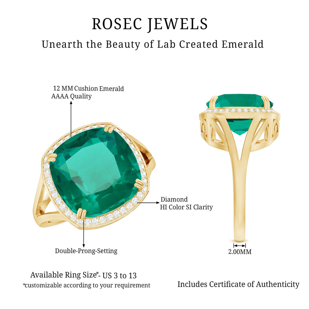 Lab Grown Emerald Ring – 9 Carat Cushion Cut Emerald with Diamond Halo Setting