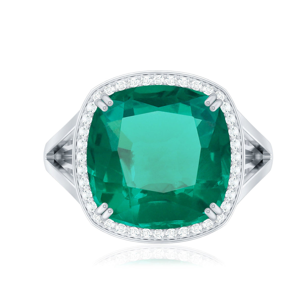 Lab Grown Emerald Ring – 9 Carat Cushion Cut Emerald with Diamond Halo Setting