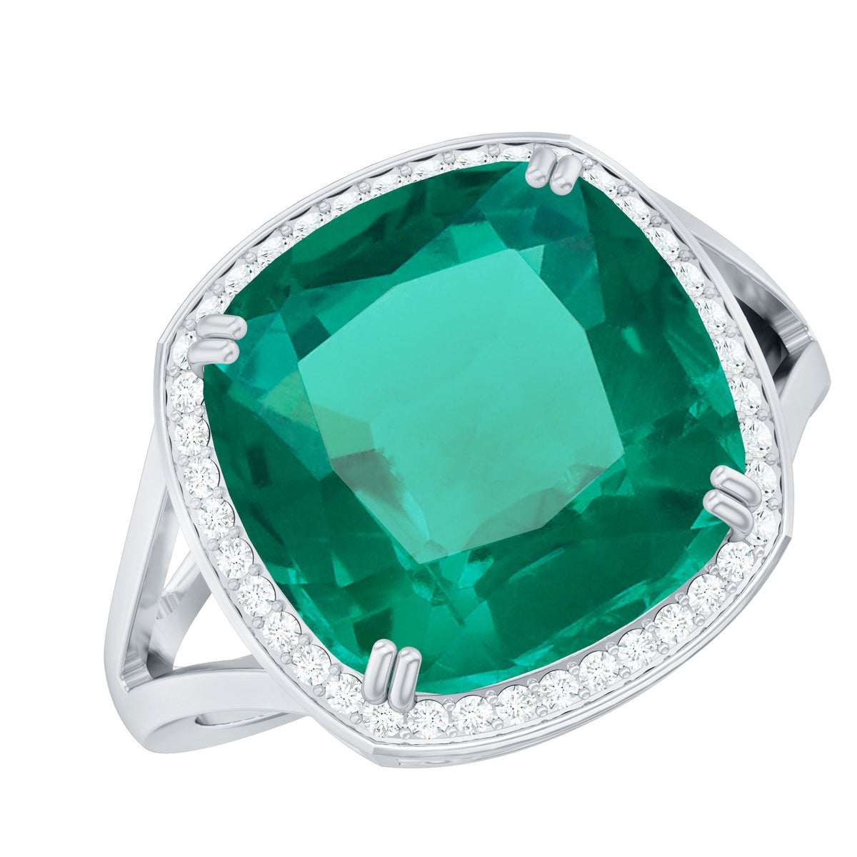 Lab Grown Emerald Ring – 9 Carat Cushion Cut Emerald with Diamond Halo Setting