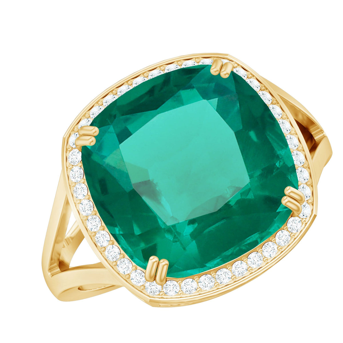 Lab Grown Emerald Ring – 9 Carat Cushion Cut Emerald with Diamond Halo Setting
