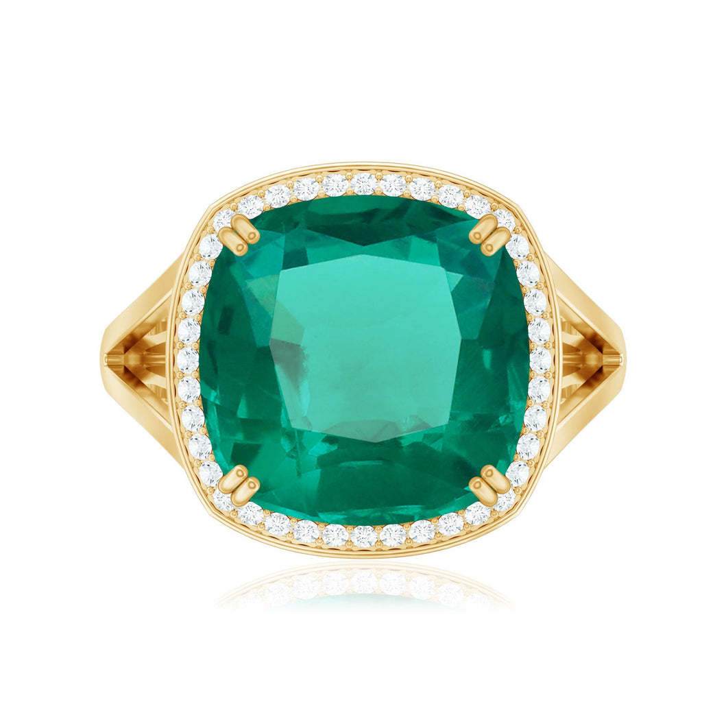 Lab Grown Emerald Ring – 9 Carat Cushion Cut Emerald with Diamond Halo Setting