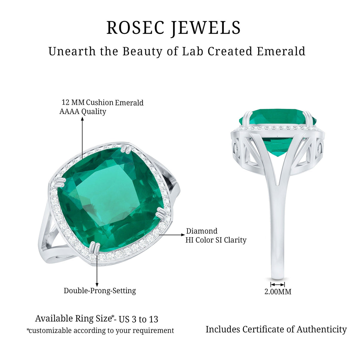 Lab Grown Emerald Ring – 9 Carat Cushion Cut Emerald with Diamond Halo Setting
