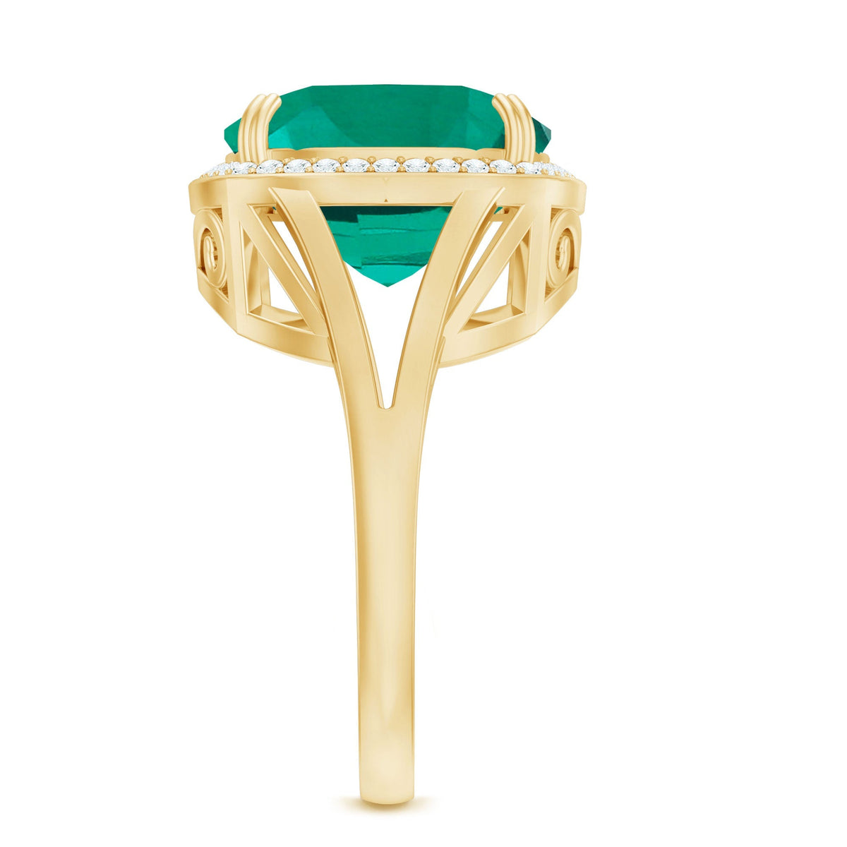Lab Grown Emerald Ring – 9 Carat Cushion Cut Emerald with Diamond Halo Setting