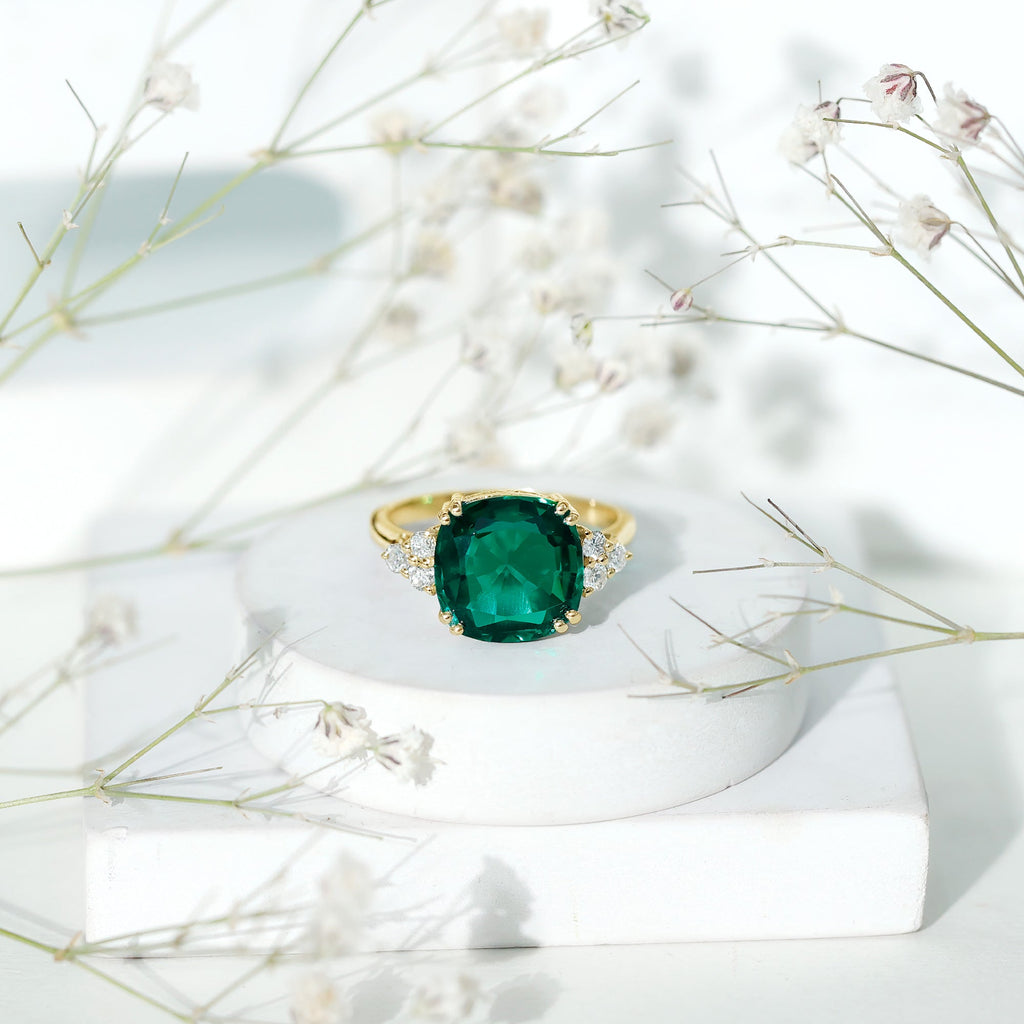 Lab Grown Emerald Ring – 9 Carat Cushion Cut Engagement Ring with Diamond Trio