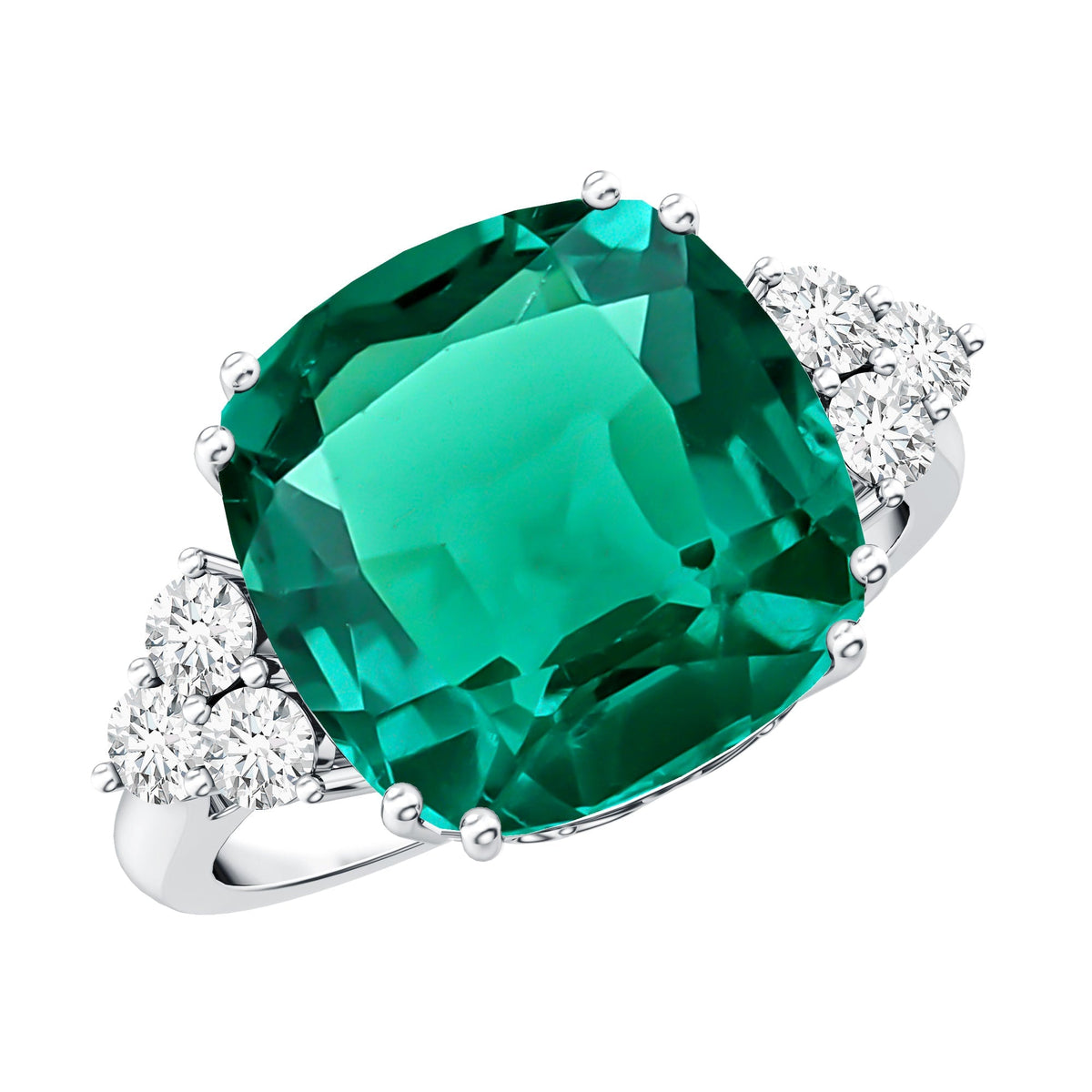 Lab Grown Emerald Ring – 9 Carat Cushion Cut Engagement Ring with Diamond Trio
