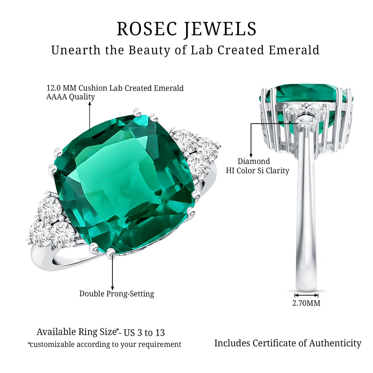 Lab Grown Emerald Ring – 9 Carat Cushion Cut Engagement Ring with Diamond Trio