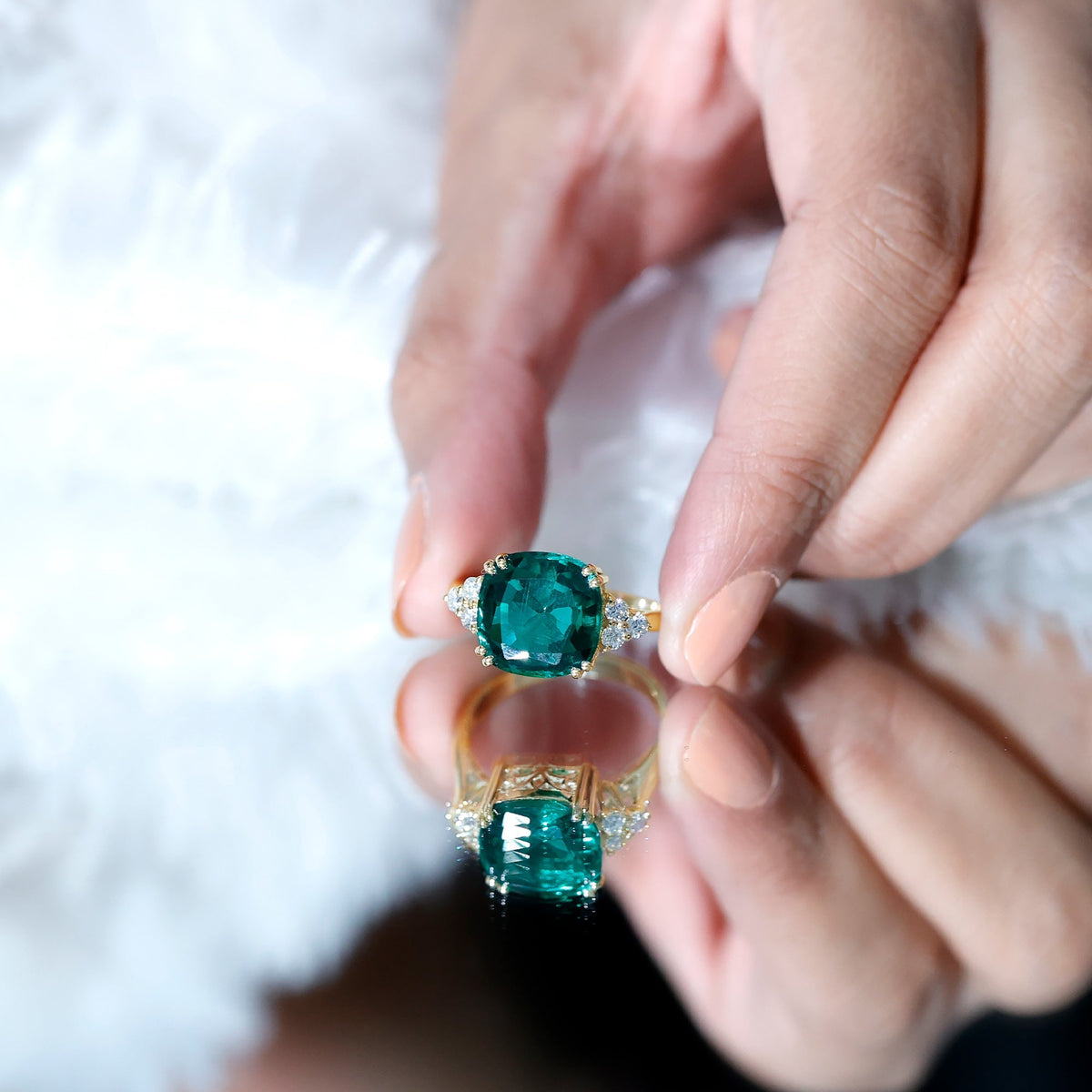 Lab Grown Emerald Ring – 9 Carat Cushion Cut Engagement Ring with Diamond Trio