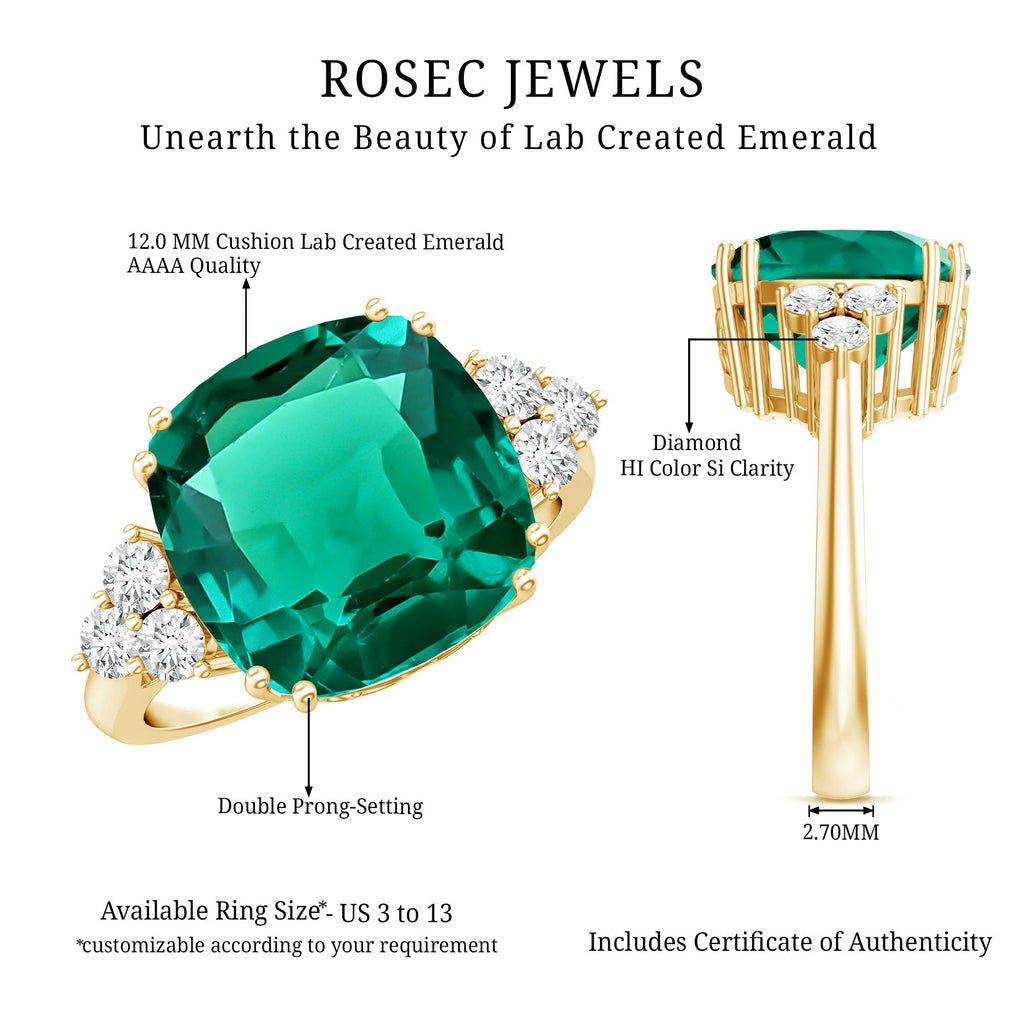Lab Grown Emerald Ring – 9 Carat Cushion Cut Engagement Ring with Diamond Trio