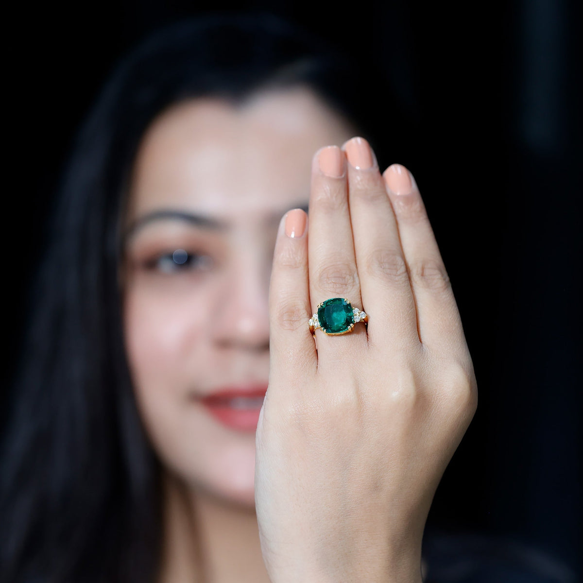 Lab Grown Emerald Ring – 9 Carat Cushion Cut Engagement Ring with Diamond Trio