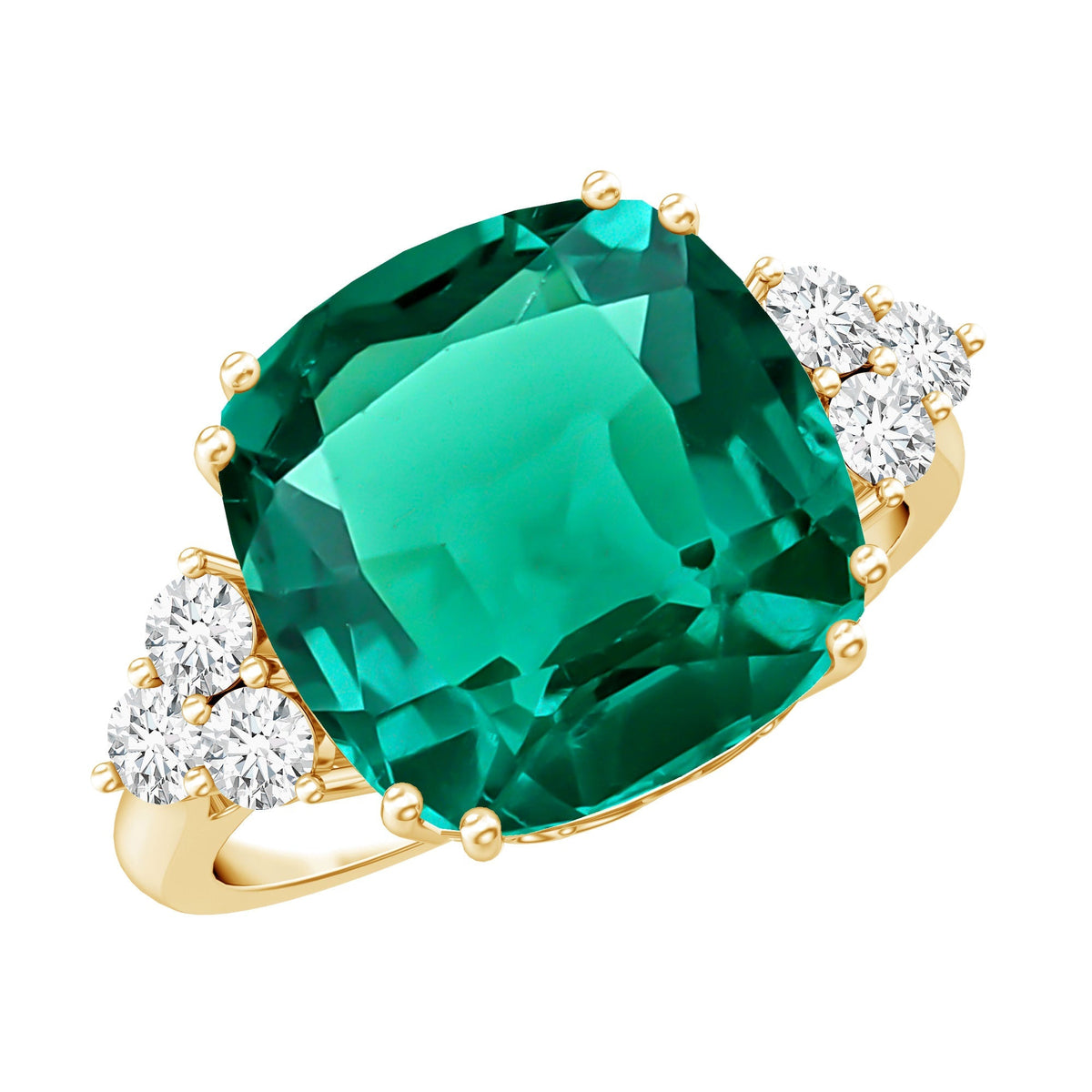 Lab Grown Emerald Ring – 9 Carat Cushion Cut Engagement Ring with Diamond Trio