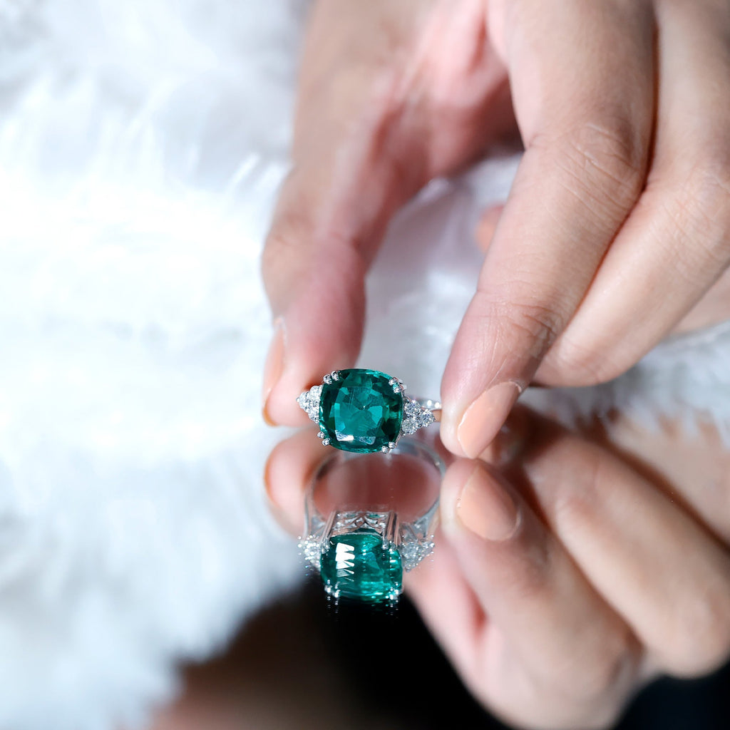 Lab Grown Emerald Ring – 9 Carat Cushion Cut Engagement Ring with Diamond Trio