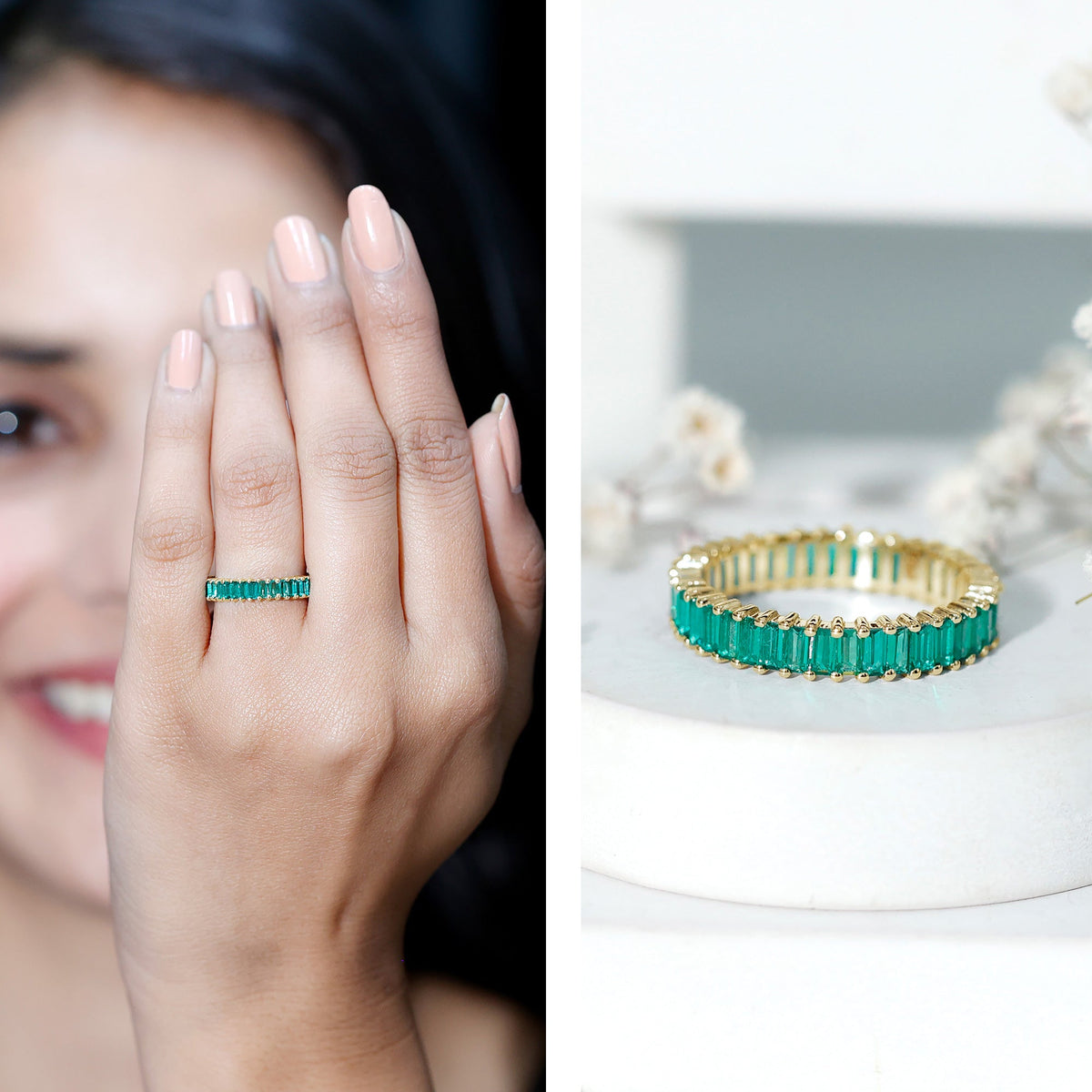 Lab Grown Emerald Ring – Baguette Cut Eternity Band | Stackable Wedding Jewelry